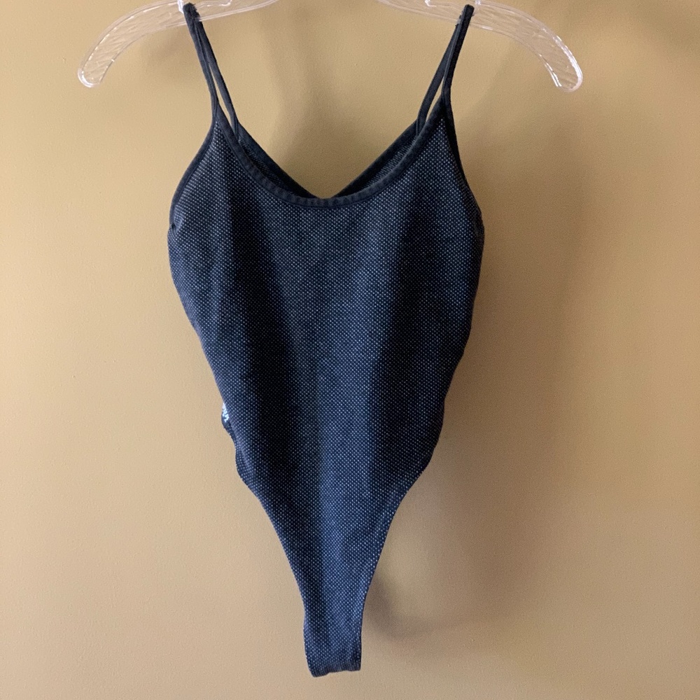 Vintage 80s Black Gray Polka Dot Thong Bodysuit